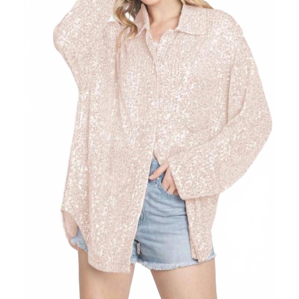 NEW SEWN AND SEEN sequin button down top in beige